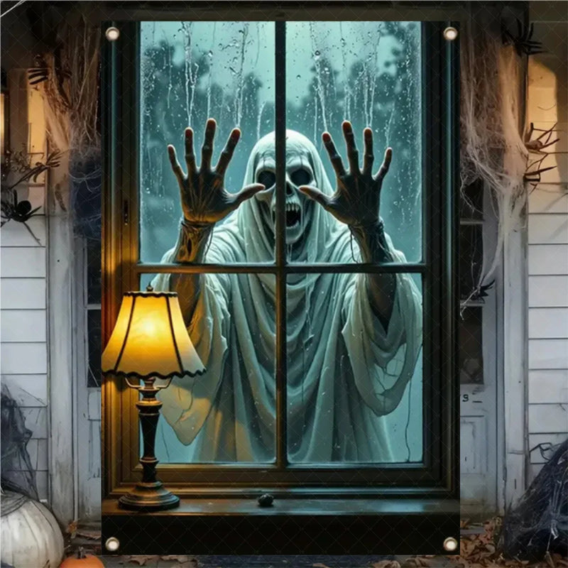 Halloween Horror Window Curtain Banner – Witch, Zombie & Ghost Hanging Decoration