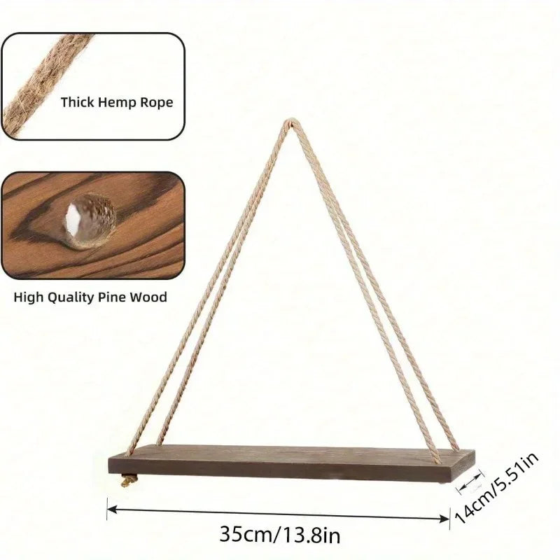 east Home Wooden Swing Hanging Hemp Rope Wall Shelve Mounted Floating Home Living Room Plant Flower Pot Tray Storage Garden Decoration