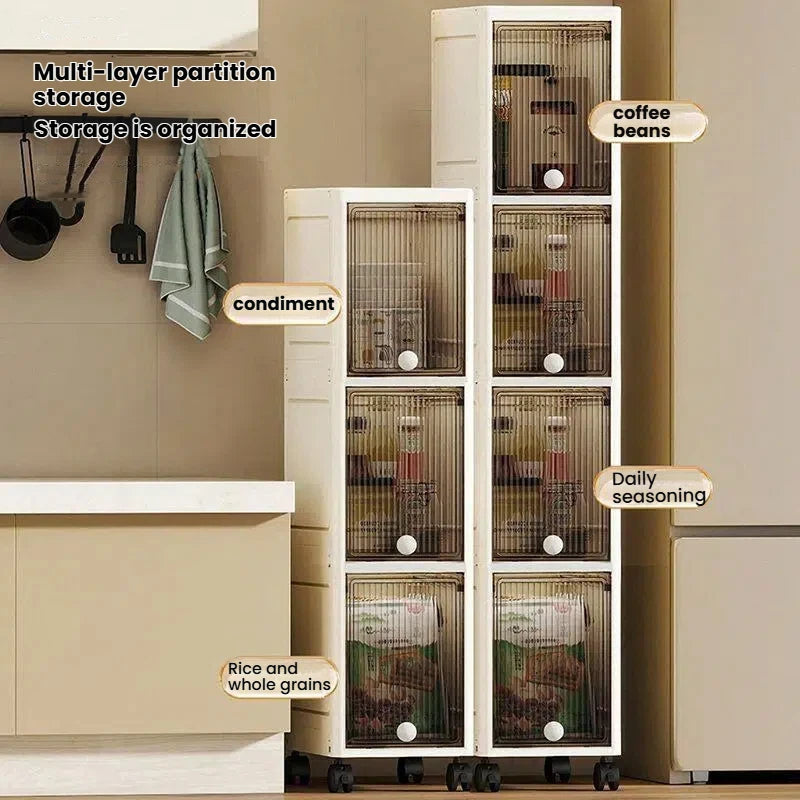 Storage Queen 20cm-Flip lid slit storage cabinet, kitchen slit shelf, bathroom multi-layer plastic snack cabinet, narrow-edge storage cabinet