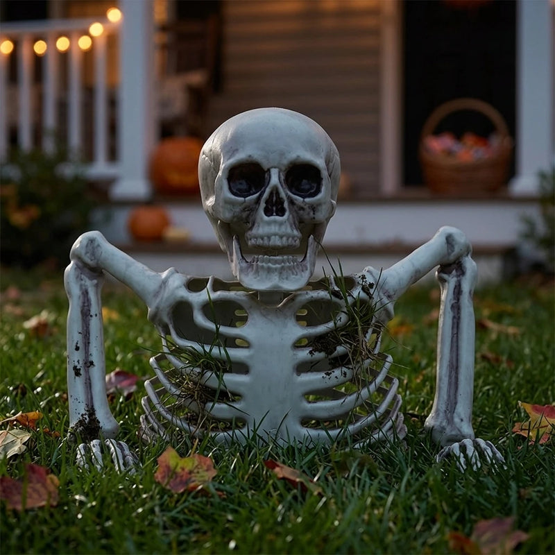 Halloween Skeleton Skull Ornament – Realistic Jointed Bone Prop for Courtyard, Garden & Grass Decorations