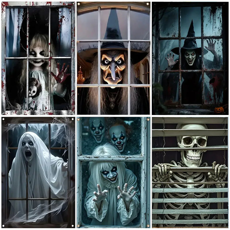 Halloween Horror Window Curtain Banner – Witch, Zombie & Ghost Hanging Decoration