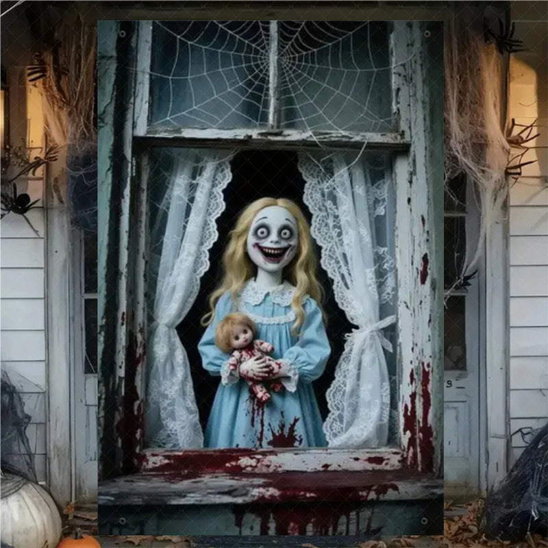 Halloween Horror Window Curtain Banner – Witch, Zombie & Ghost Hanging Decoration
