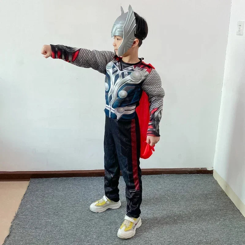 Thor Muscle Hero Cosplay Costume – Full-Body Superhero Jumpsuit with Hammer, Anime-Inspired Halloween & Carnival Costume Set for Kids