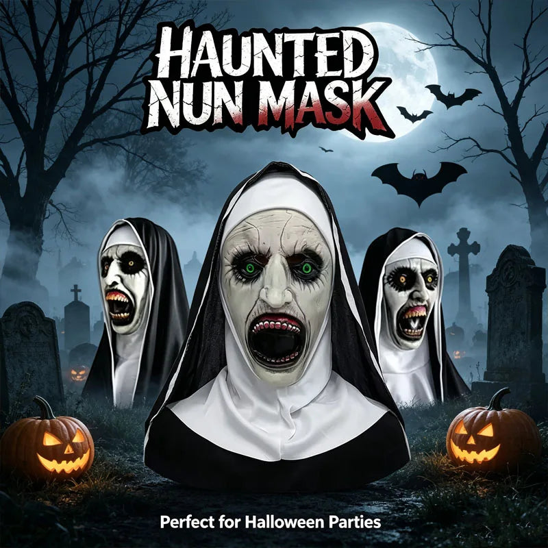 Scary Nun Mask Halloween Costume Bloody Horror Devil Face with Headwrap