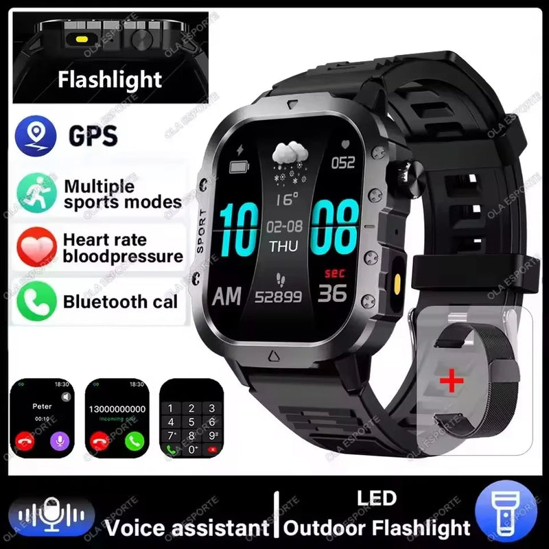 New Military Style Smart Watch Men's Flashlight Bluetooth Call & more features