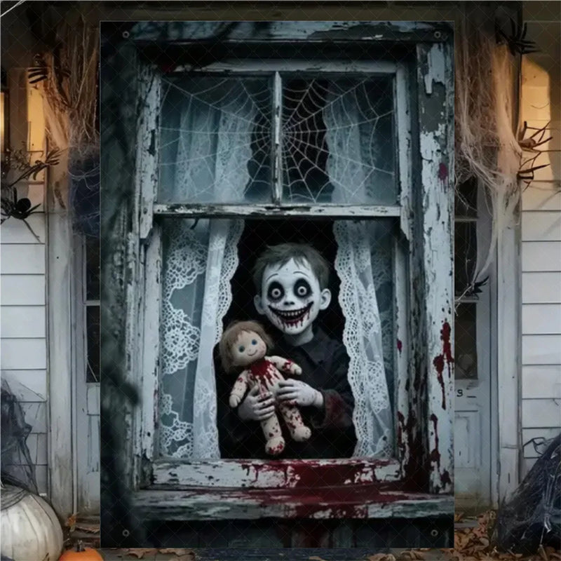 Halloween Horror Window Curtain Banner – Witch, Zombie & Ghost Hanging Decoration
