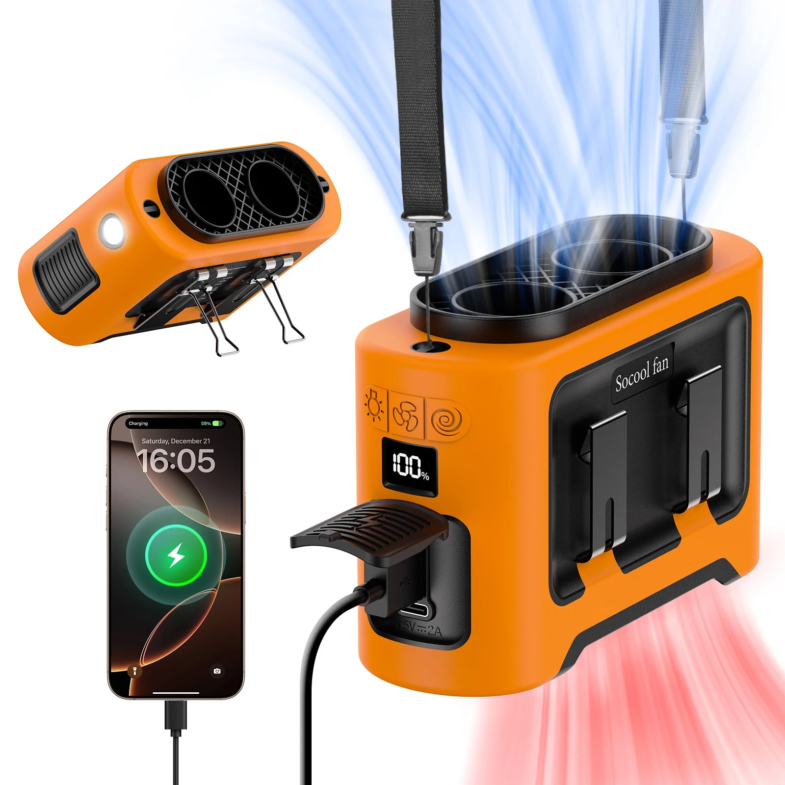 Socool 14500mAh Portable Waist Fan Dual Airflow Outlet Turbo Motors with Four Clips Emergency Flashlight Power Bank