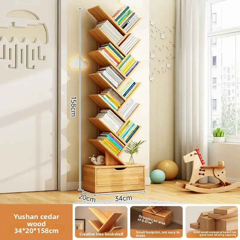 MOYU Tree Shaped Bookshelf with Cabinet Solid Wood Furniture Bookcase Floor Standing Narrow Storage Rack for Home Office Bedroom