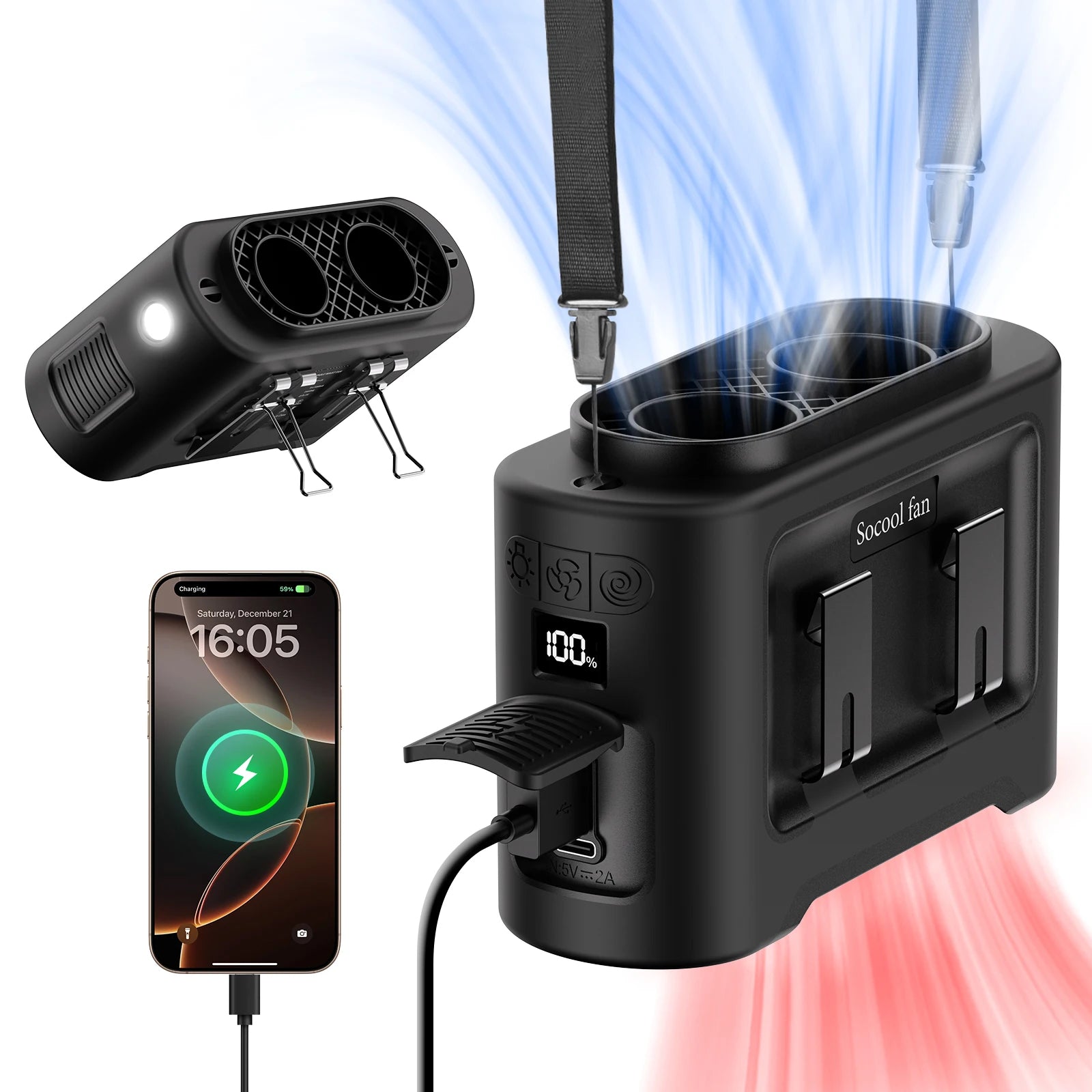 Socool 14500mAh Portable Waist Fan Dual Airflow Outlet Turbo Motors with Four Clips Emergency Flashlight Power Bank