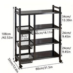JIUAN 1pc Mobile Storage Rack, Adjustable 4-Tier Kitchen Shelf with 3 Wire Baskets, Kitchen Organizer and Storage