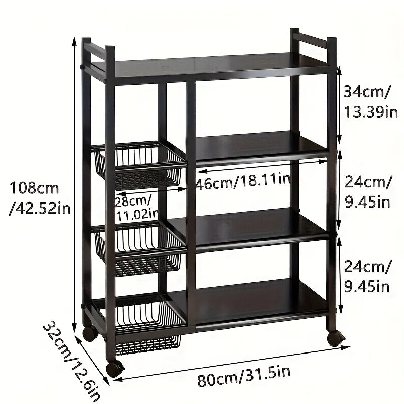 JIUAN 1pc Mobile Storage Rack, Adjustable 4-Tier Kitchen Shelf with 3 Wire Baskets, Kitchen Organizer and Storage