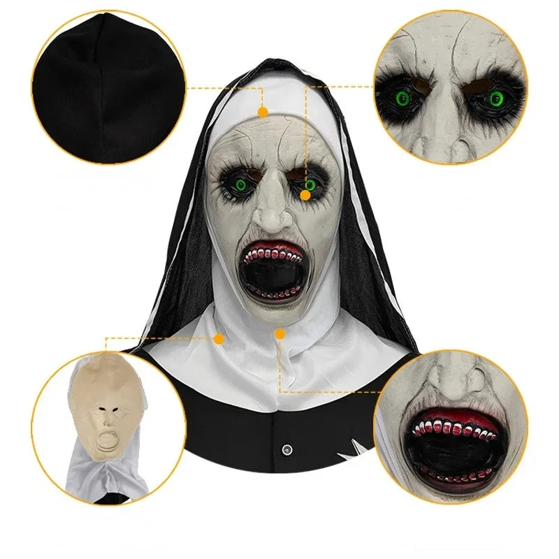 Scary Nun Mask Halloween Costume Bloody Horror Devil Face with Headwrap