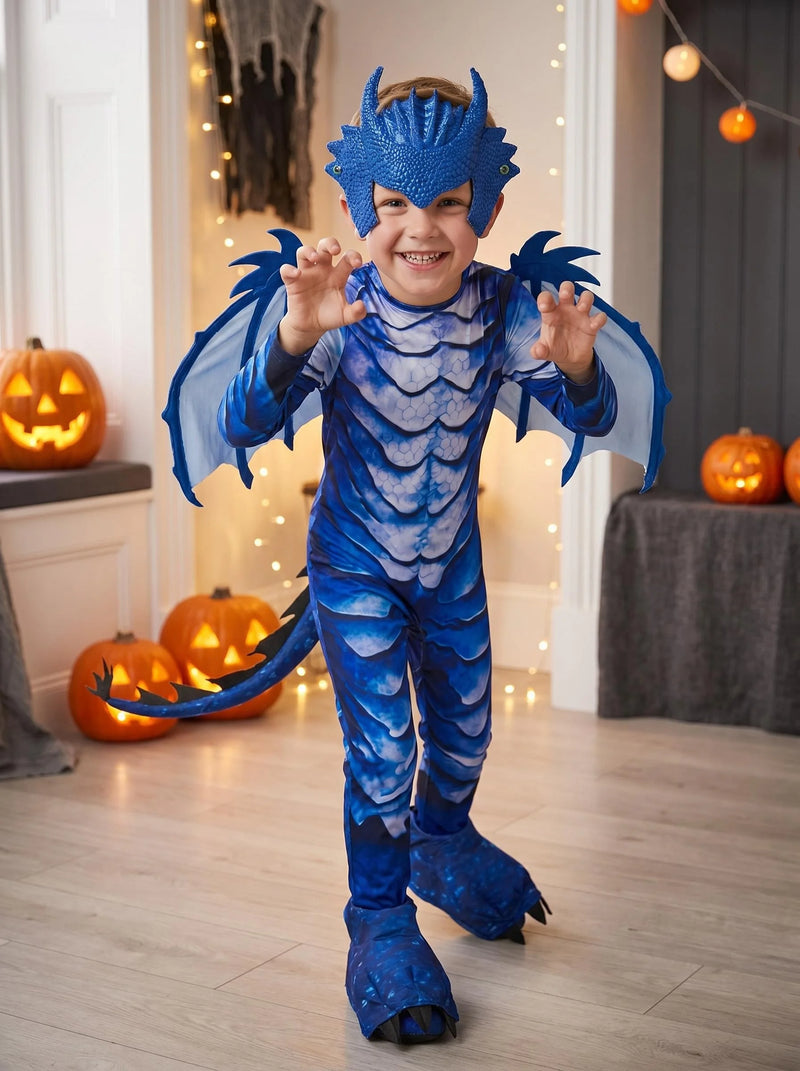 Kids Frost Blue Dragon Knight Costume – Fantasy Jumpsuit with Wings, Tail & Mask, Halloween Carnival Party Cosplay Outfit