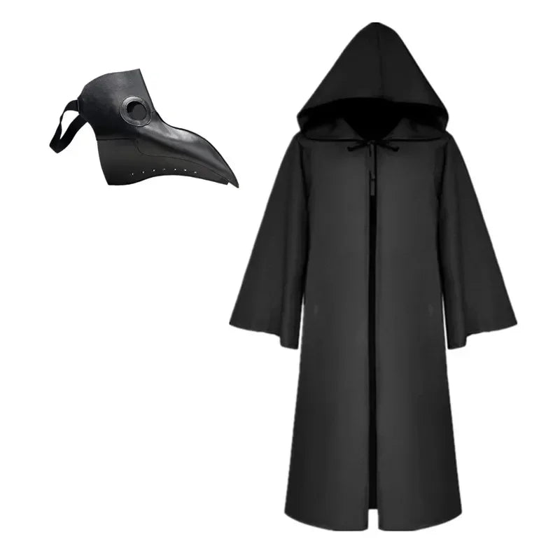 Medieval Plague Doctor Mask & Cloak Costume Set for Adults & Kids, Black Hooded Robe for Halloween Cosplay, Roleplay & Parties