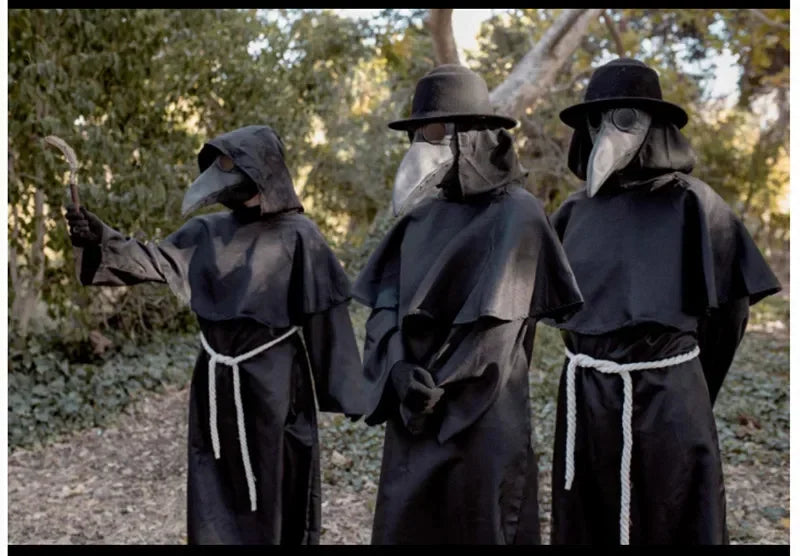 Medieval Plague Doctor Mask & Cloak Costume Set for Adults & Kids, Black Hooded Robe for Halloween Cosplay, Roleplay & Parties