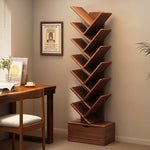 MOYU Tree Shaped Bookshelf with Cabinet Solid Wood Furniture Bookcase Floor Standing Narrow Storage Rack for Home Office Bedroom