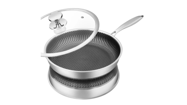 east Essentials Stainless Steel Frying Pan Nonstick Honeycomb Fry Pan with Lid Induction Ceramic Electric Gas Cooktops