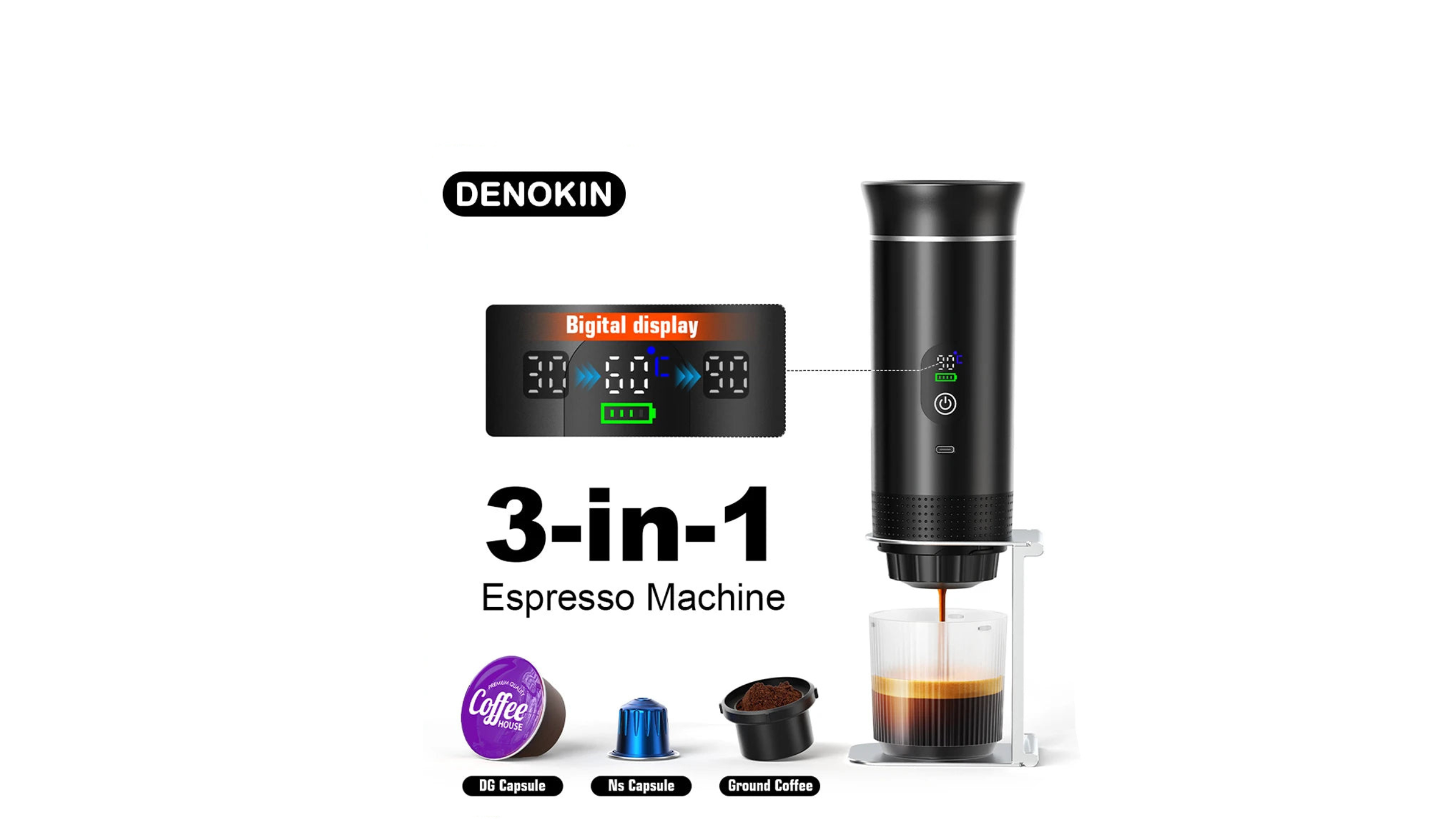 DENOKIN Portable Espresso Coffee Machine With Digital Display 3-in-1 Capsule Coffee Maker for Car & Home Camping Coffee Maker