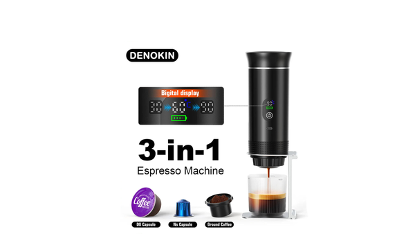 DENOKIN Portable Espresso Coffee Machine With Digital Display 3-in-1 Capsule Coffee Maker for Car & Home Camping Coffee Maker