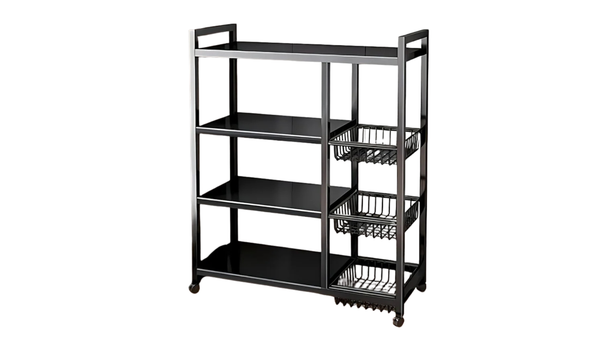 JIUAN 1pc Mobile Storage Rack, Adjustable 4-Tier Kitchen Shelf with 3 Wire Baskets, Kitchen Organizer and Storage