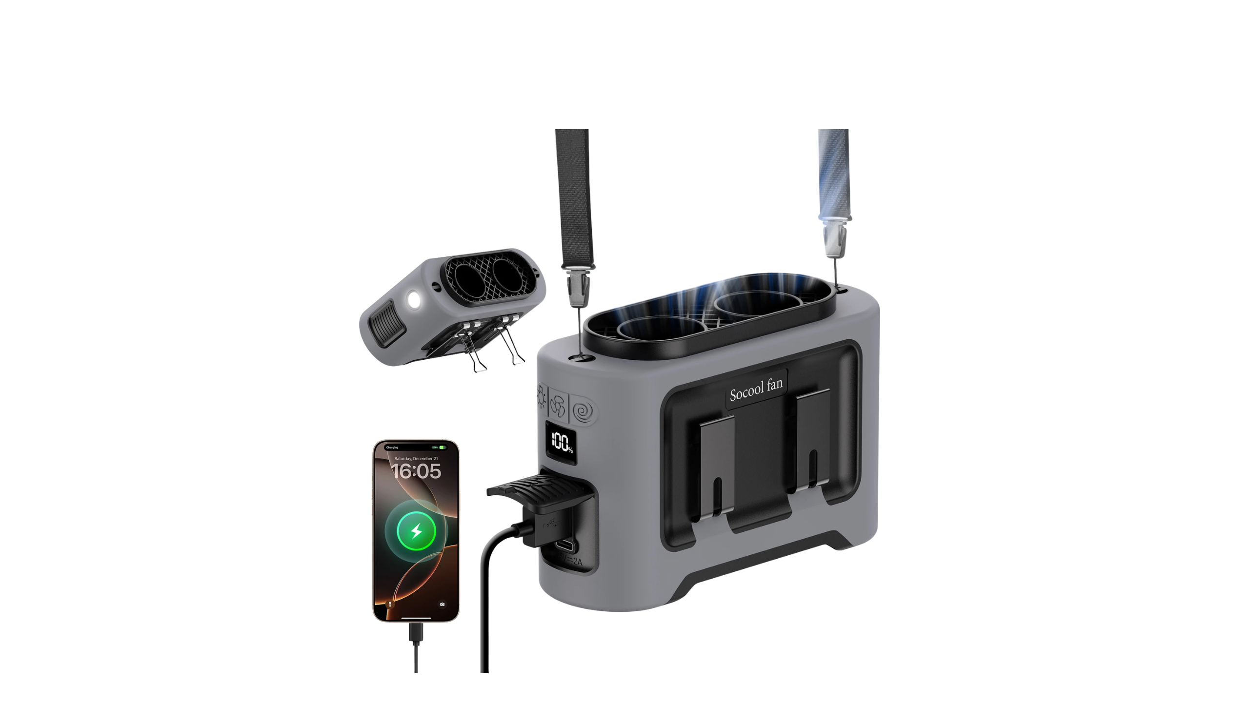 Socool 14500mAh Portable Waist Fan Dual Airflow Outlet Turbo Motors with Four Clips Emergency Flashlight Power Bank