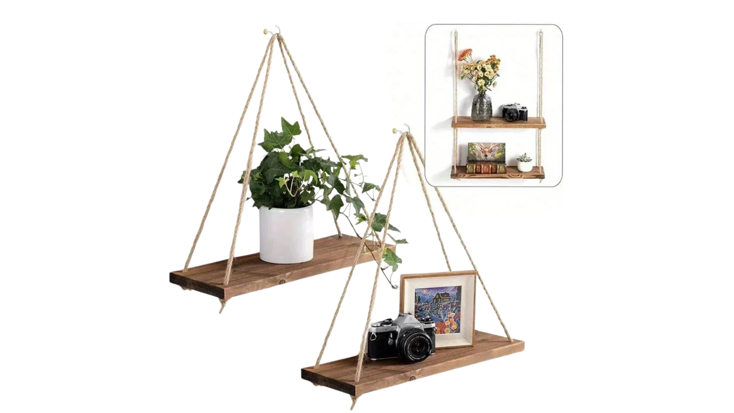 east Home Wooden Swing Hanging Hemp Rope Wall Shelve Mounted Floating Home Living Room Plant Flower Pot Tray Storage Garden Decoration