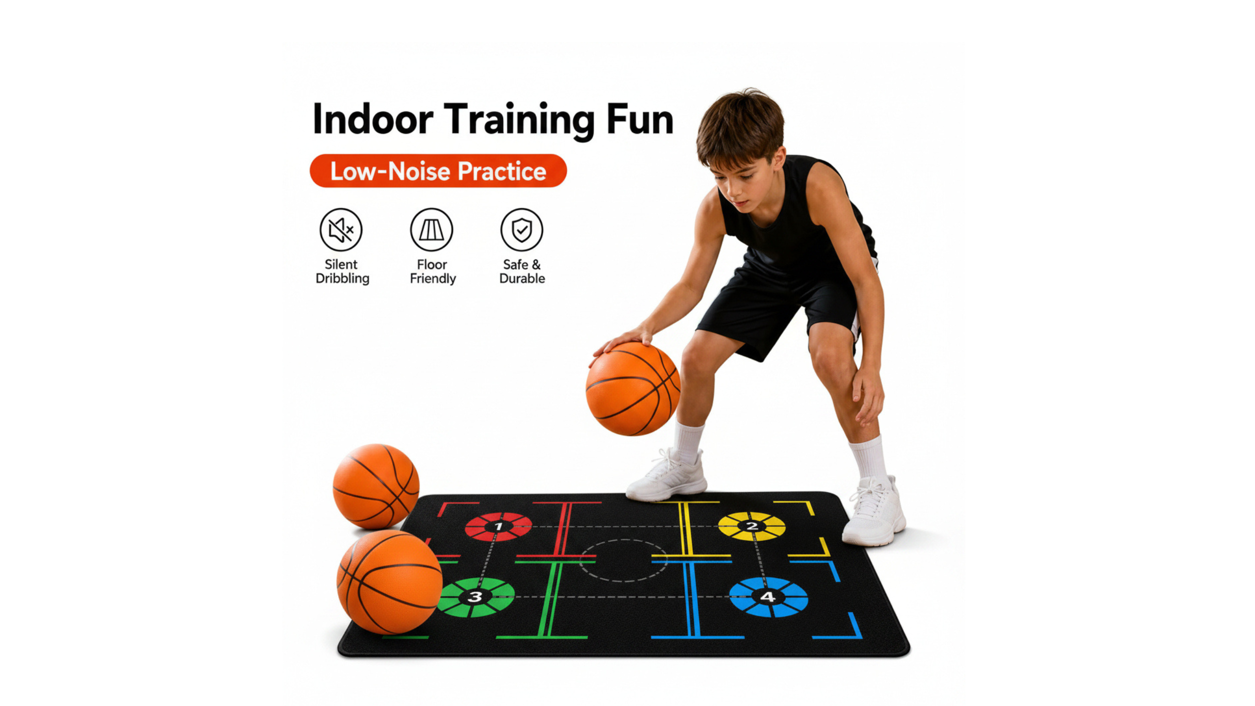 Basketball Training Mat + Silent Balls Set, Sizes 3 5 7, Indoor Practice & Coordination
